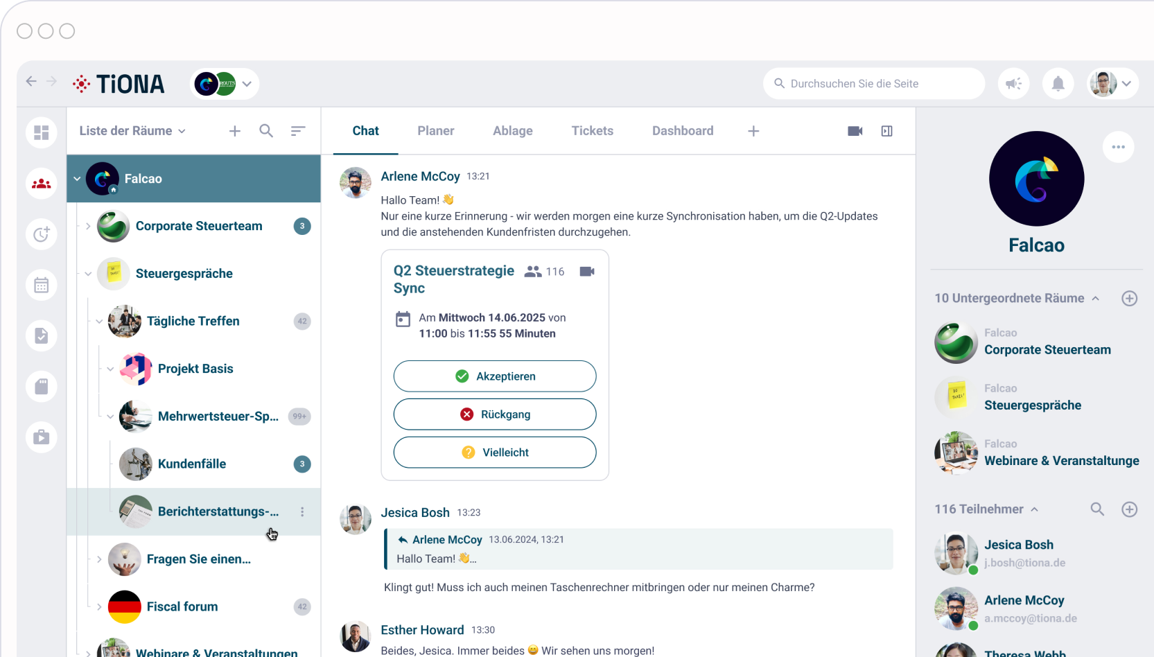 TiONA-Organisationsmanagement-Schnittstelle mit hierarchischer Einheitenliste und Zuständen