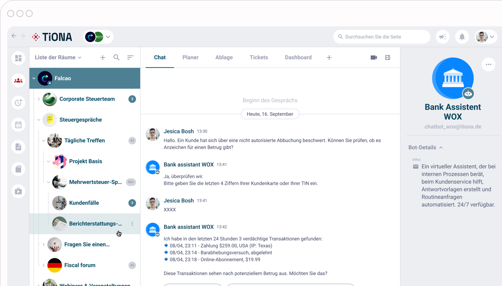 TiONA-Chat-Interface zeigt eine Unterhaltung mit einem Info-Bot über eine Mastercard-Anfrage